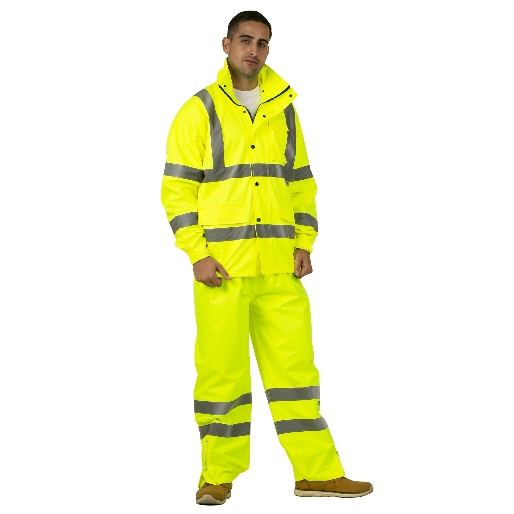 Hi-Vis Yellow Rain Set - Pants & Jacket with 2" Reflective Strips